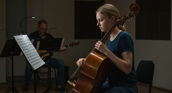 A young student working as a musician, learning to play an instrument from a master musician, practice room.