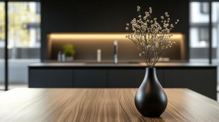 Modern kitchen interior featuring a minimalist vase with dried flowers on a wooden table in soft daylight