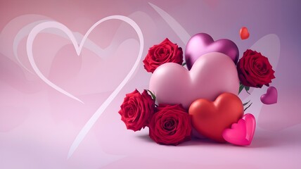 A soft and romantic confession of love illustration with a heart-shaped pattern. The background is a soft gradient of pink and lavender tones. There are bright colored hearts, red roses.