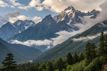 Obraz premium Majestic snow-capped peaks rise above a serene valley, shrouded in a mystical mist, creating a breathtaking panorama of nature's grandeur.