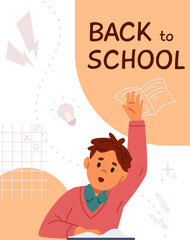 Back to school vector banner with flat illustration of school boy raising hand and doodles.