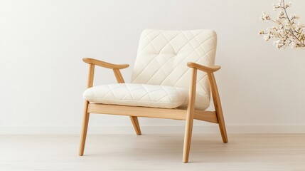 Obraz premium A stylish, modern armchair with a quilted cream cushion and wooden frame, set against a minimalist backdrop, Sustainable Living.