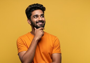 A thoughtful man wearing an orange shirt is looking upwards