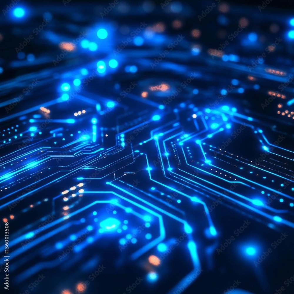 Poster futuristic blue circuit board: electronic technology, data flow, and digital connectivity, represent