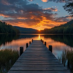 Fototapeta premium Golden Hour Serenity: A Tranquil Lakeside Pier at Sunset, Surrounded by Lush Trees and a Colorful Sky Reflection
