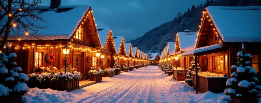 Traditional German Christmas market in Seiffen Erzgebirge with wooden houses and festive lights, festive, snowy scene
