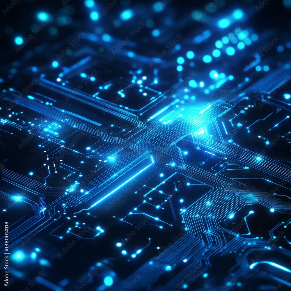 Poster illuminated circuit board: a futuristic view of digital technology with bright blue lights highlight