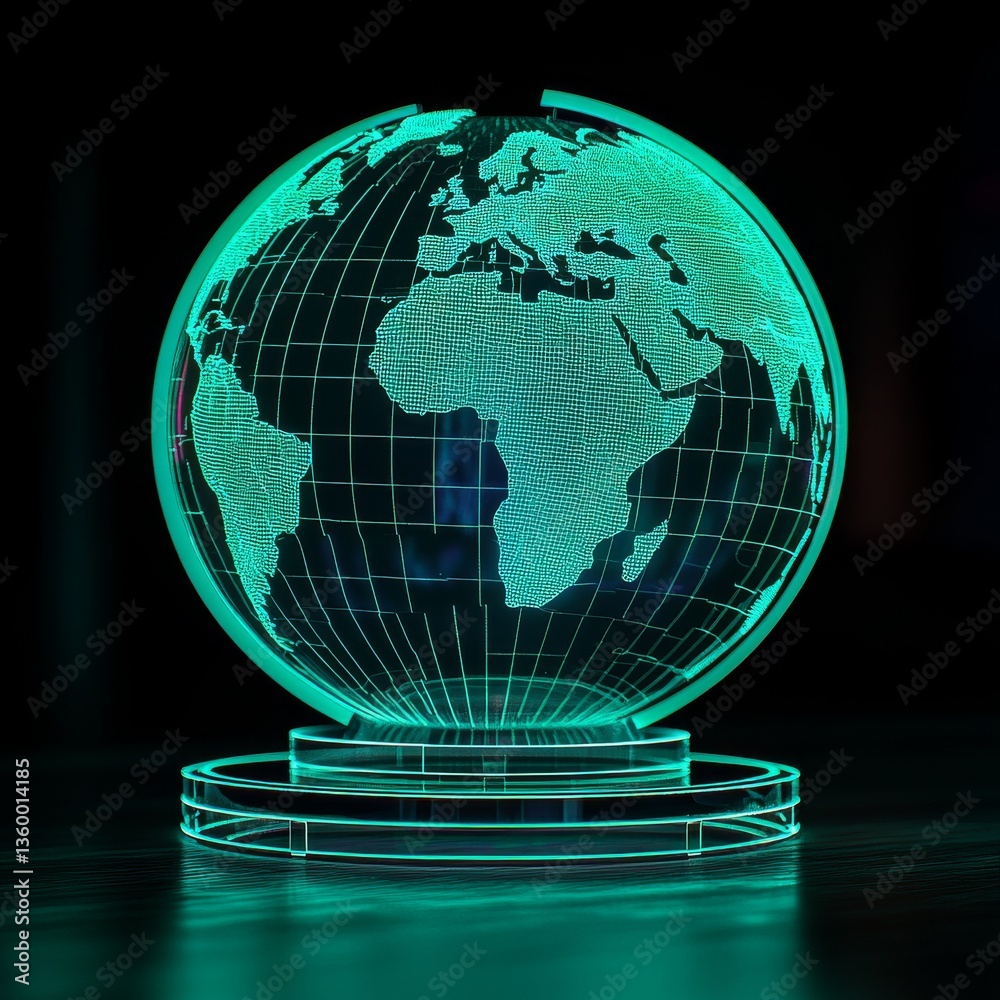 Poster illuminated teal world globe with detailed continents and grid lines on a dark background, emitting 