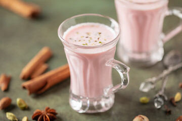 Pink Tea Kashmiri Chai. Traditional Kashmiri tea with  sliced pistachios, almonds. Pakistani cuisine
