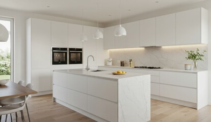 A bright modern white kitchen with a marble countertop island.