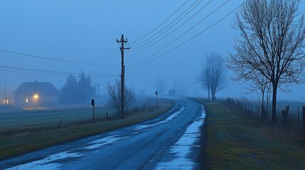 A deserted asphalt road, damp from rain, glowing under the cool, atmospheric light of a misty dusk.
