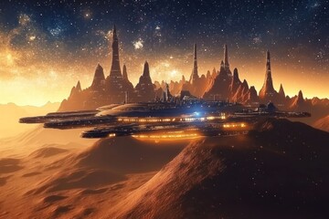Naklejka premium futuristic spaceship hovers over alien landscape with sharp peaks under starry sky. science fiction adventure, exploration, video game background, book cover.