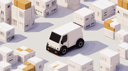 Isometric, low-poly 3D rendering of a white delivery van surrounded by numerous stacked cardboard boxes.  The boxes are various sizes and are predominantly light brown and orange.  The scene is set
