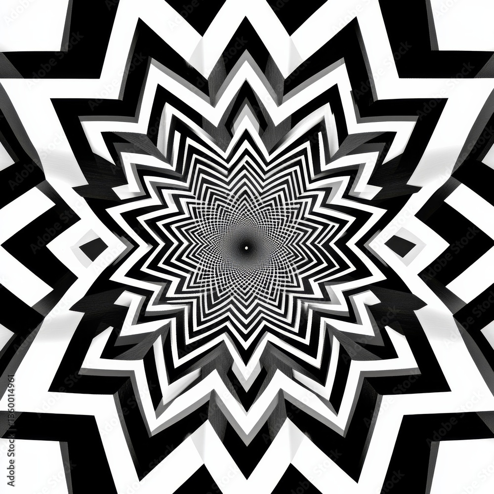 Leinwandbilder Monochromatic Starburst: An Abstract Geometric Pattern of Black and White Zigzag Lines Creating a Hypnotic Optical Illusion