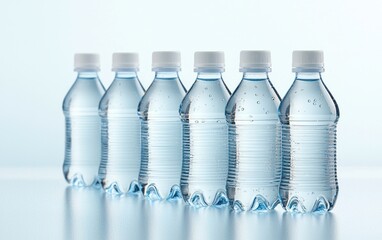 Five clear plastic water bottles with white caps stand in a row on a light blue reflective surface.  The bottles are nearly full of water and are illuminated by soft, even lighting