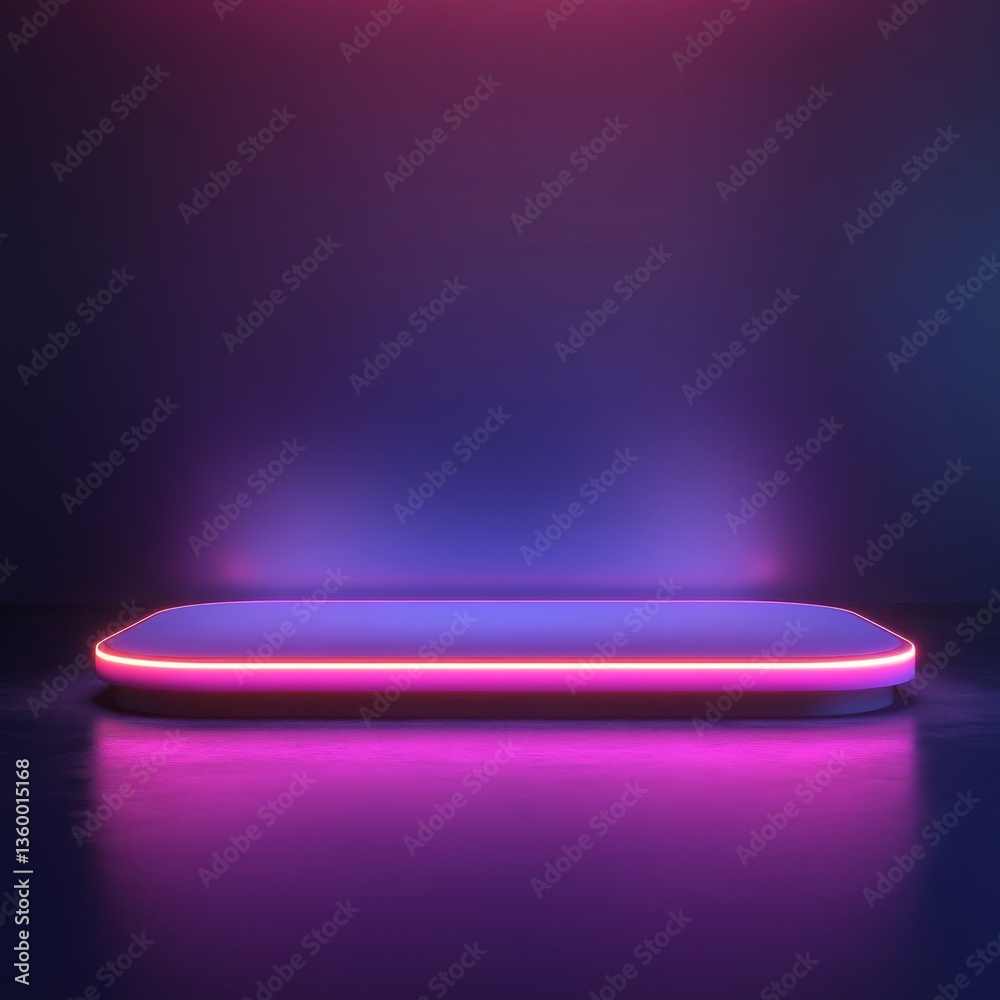 Poster neon illuminated platform: modern minimalist product display with vibrant pink and purple glowing ed