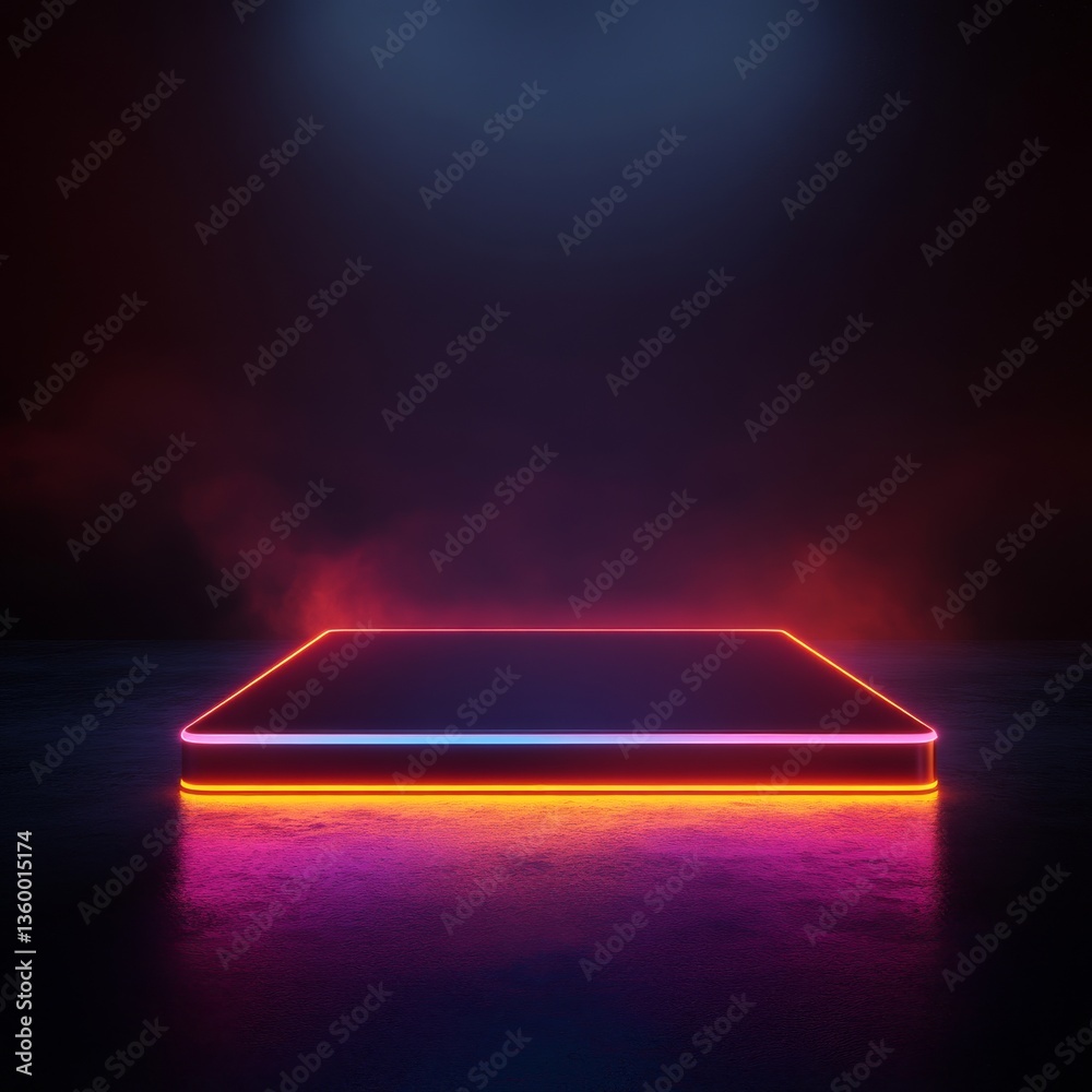 Poster Neon Platform Stage: Illuminated Glow with Abstract Dark Background for Product Showcase or Presentation.