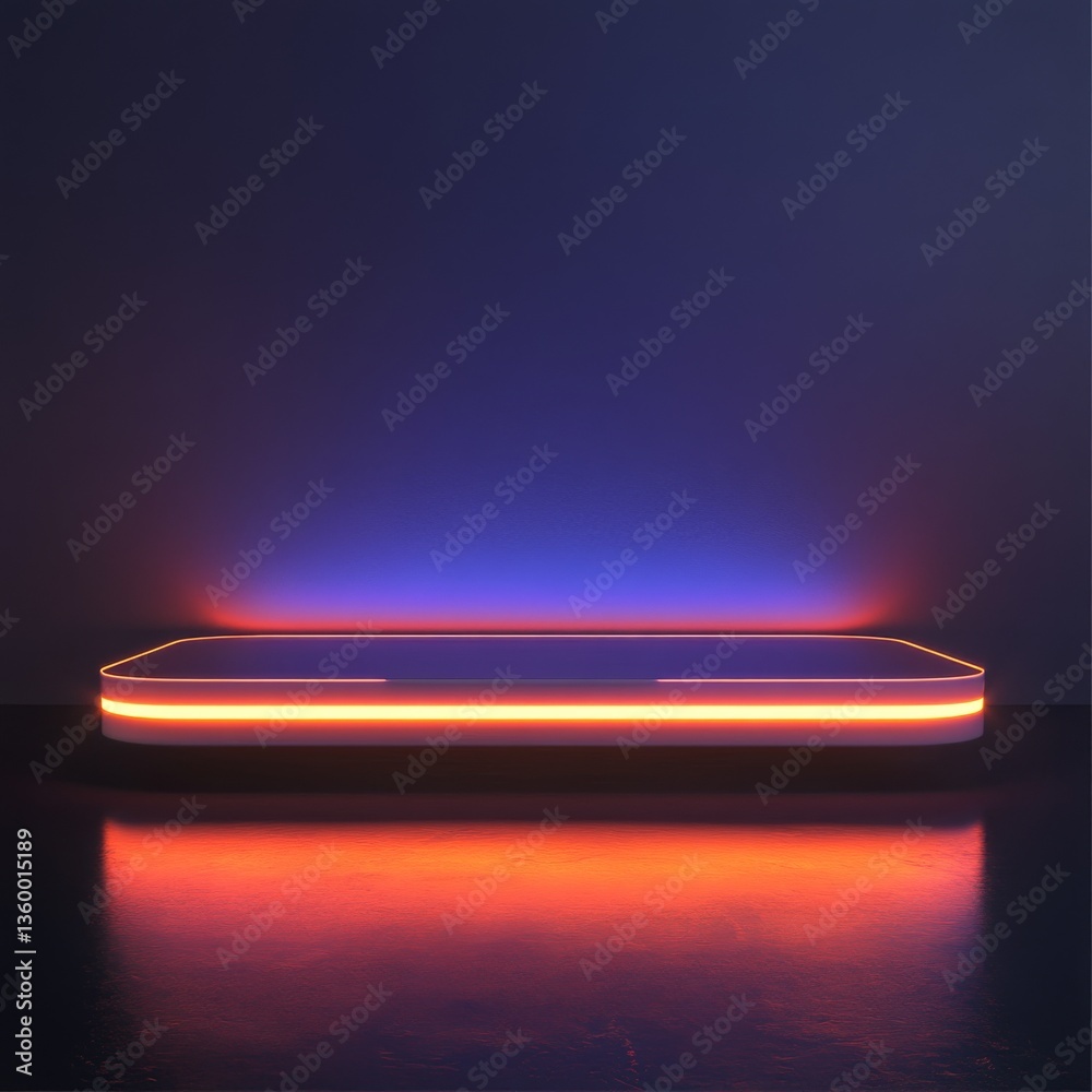 Poster neon platform showcase: illuminated stage for product display with reflective surface and deep purpl