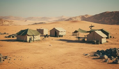 A desert camp with tents and sand dunes under a clear sky.