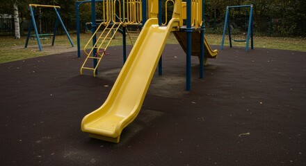 Serene playground scene with yellow slide and swings in a calm atmosphere