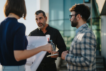 A group of diverse business people engaged in a brainstorming session on a high-rise balcony at sunset. They appear focused and collaborative, discussing plans and strategies with charts in hand.