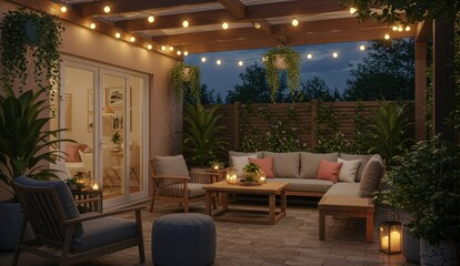 Cozy patio with string lights and comfortable furniture, evening ambiance