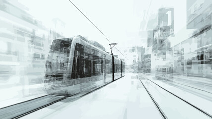 The image is a grayscale photograph depicting a modern tram in motion.  The tram is centrally positioned, appearing sleek and contemporary in design. The background is a blurred representation of