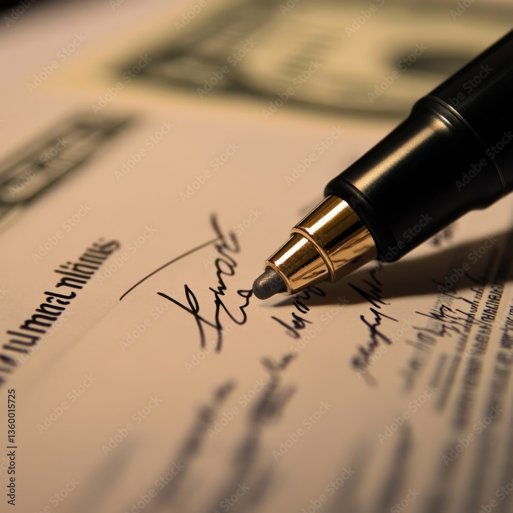 Poster Signing on the Dotted Line: A Close-Up of a Pen Signing a Contract with Money in Background.