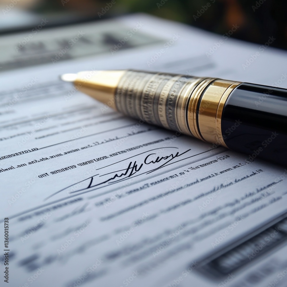 Poster signed agreement: a close-up of a golden pen on contract with signature.