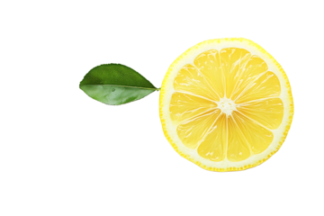 A slice of lemon with a green leaf on a black background in a studio shot close up and bright