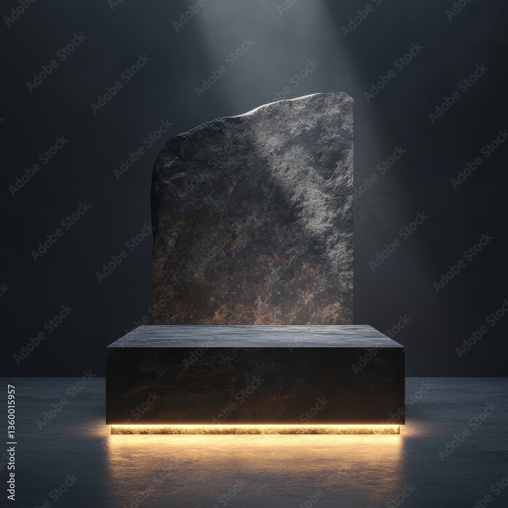 Poster stone platform under spotlight: minimalist product display with dramatic lighting and texture rich m