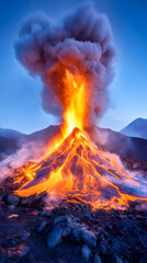 Fototapeta premium Volcanic eruption at dawn, fiery lava flow, mountain landscape, nature disaster