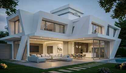 Fototapeta premium Modern home with a sleek exterior, open floor plan and swimming pool.