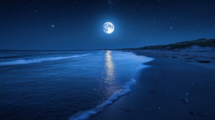 Moonlight beach at night with waves, stars and dunes