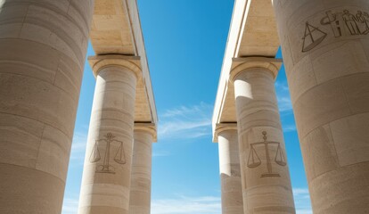 Fototapeta premium View of stone courthouse pillars against a clear blue sky, symbol of justice.