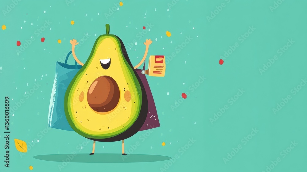 Leinwandbilder Humorous cartoon avocado joyfully carries a large grocery bag in a playful pastel background while displaying exaggerated proportions Generative AI