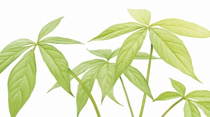Light green leaves with veins emerge, illuminated against a stark white backdrop, radiating natural elegance