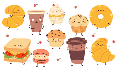 Vector set of cute illustrations in a simple childish style. Cute food with muzzles hands and feet. Croissants coffee glasses buns cakes and cupcakes. Vector illustration