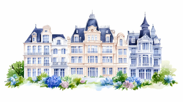 Watercolor European Townhouses, Seaside, Flowers, Travel Brochure