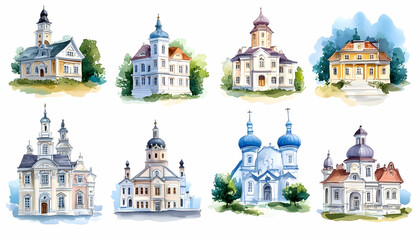 Obraz premium Watercolor Illustrations of Eight Churches