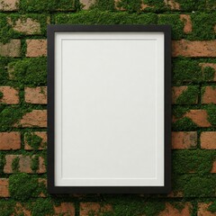 Empty frame display on a mossy brick wall