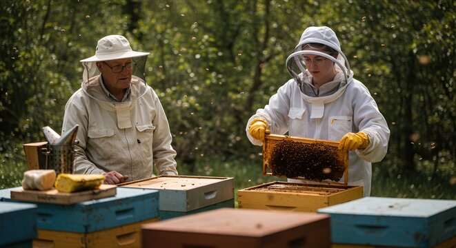 A young female apprentice beekeeper tending hives with an older beekeeper, dressed in protective gear.