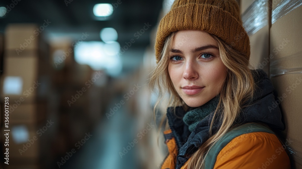 Poster a logistics worker is standing in a warehouse surrounded by stacks of boxes. she is focused and dres