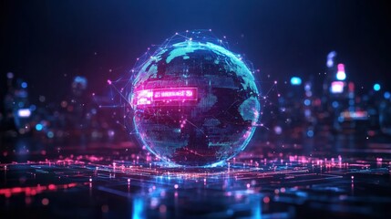 A stylized digitally rendered globe featu glowing pink and blue network connections on a futuristic cityscape with a vibrant message banner above it