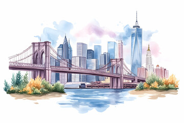 Watercolor NYC skyline, Brooklyn Bridge, autumn. Travel postcard