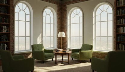 Inviting living room with armchairs, bookshelves, and natural light streaming in.