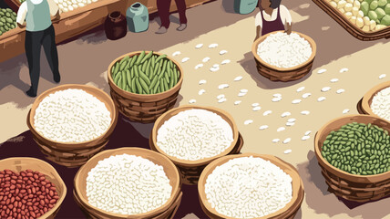 An overhead, illustrated perspective of a bustling market scene.  Multiple large wicker baskets filled with rice, beans, and green vegetables are the central focus.  Smaller quantities of other