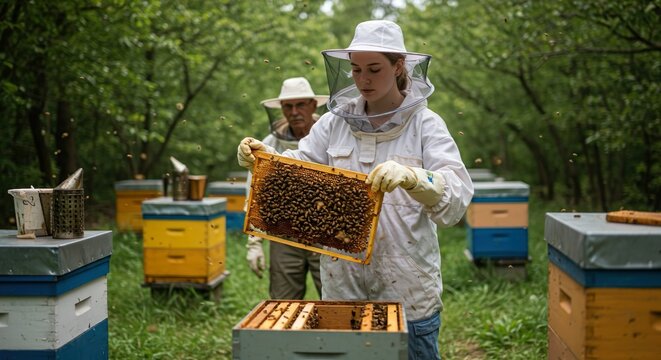 A young female apprentice beekeeper tending hives with an older beekeeper, dressed in protective gear.