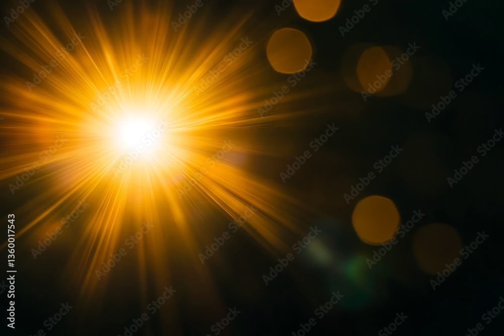 Poster bright golden light burst on black background with bokeh.