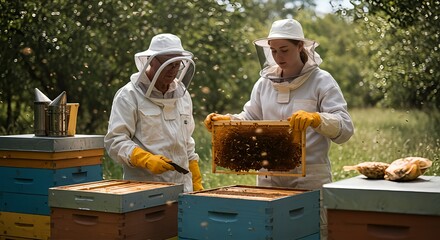 A young female apprentice beekeeper tending hives with an older beekeeper, dressed in protective gear.